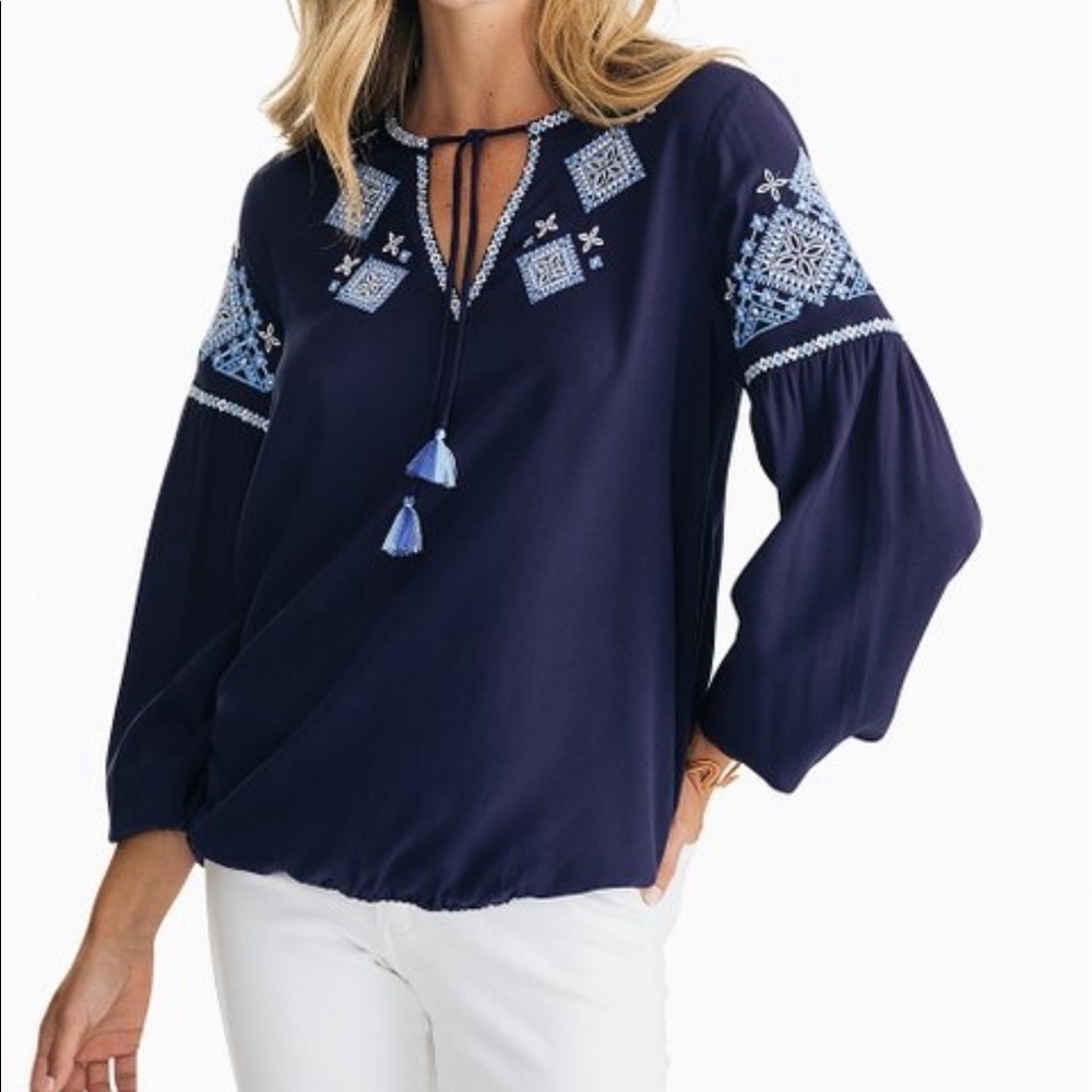 NEW Southern Tide Navy Long Sleeve Embroidered Top Size Small